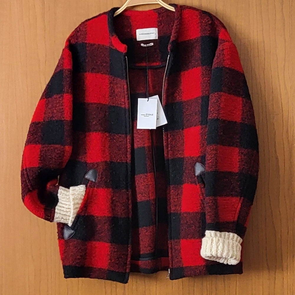 NWT$770 ISABEL Marant Etoile Buffalo Plaid Wool Woven Coat Bomber Jacket 34 S-M